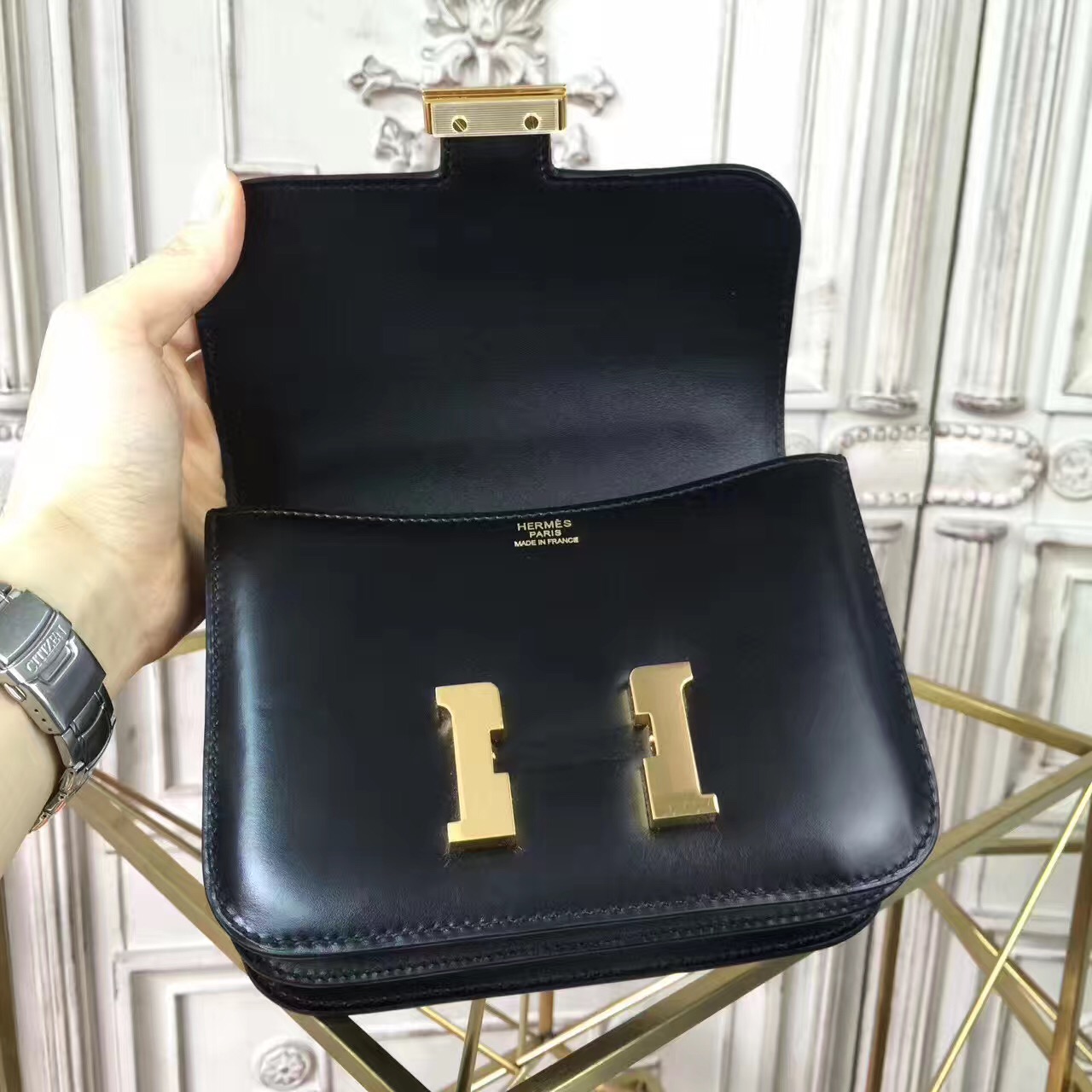 Hermes original box leather constance bag C024 black