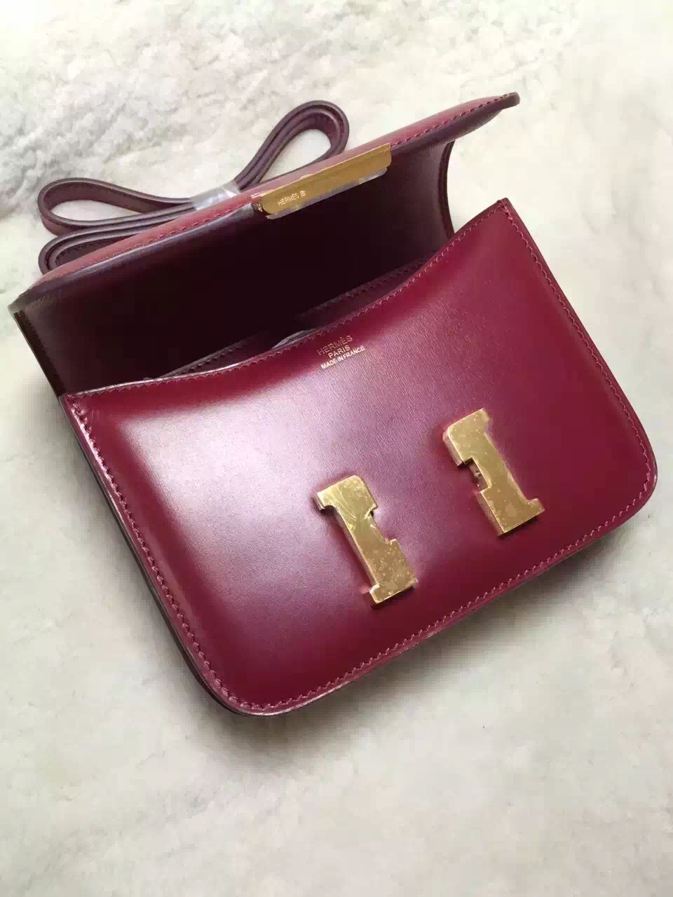 Hermes original box leather constance bag C024 bordeaux
