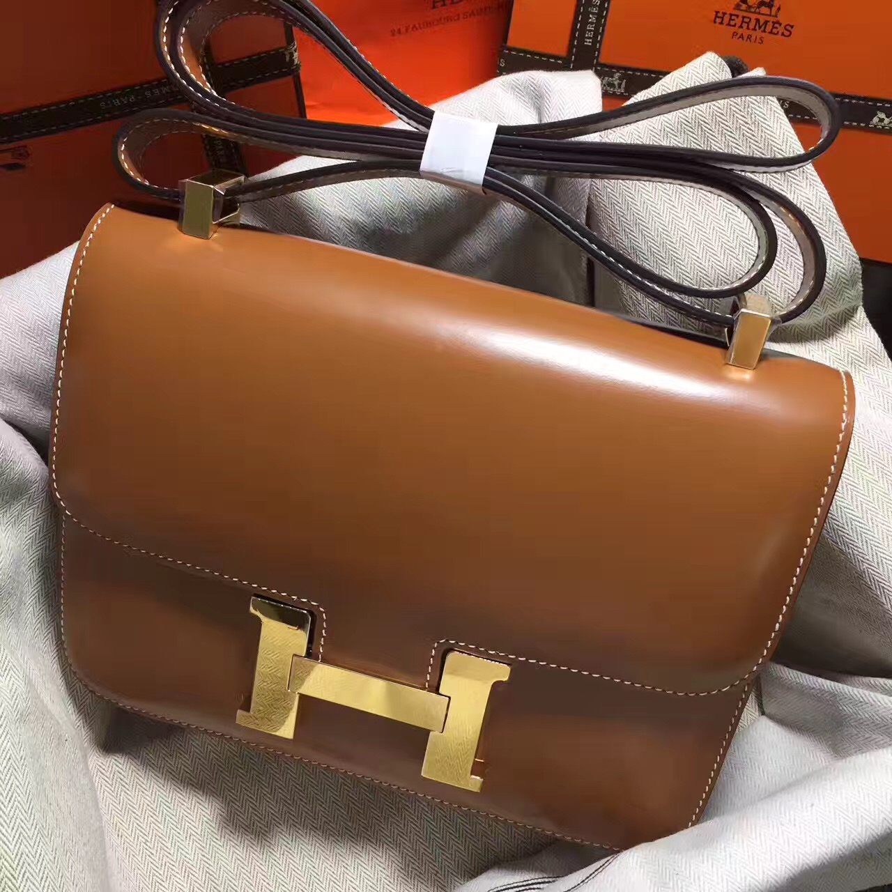 Hermes original box leather constance bag C024 coffee