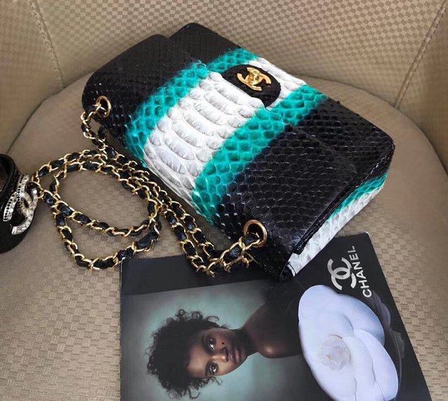 CC original python leather flap bag A01112 black&white