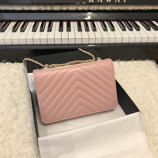 CC original lambskin wallet on chain 80982 light pink