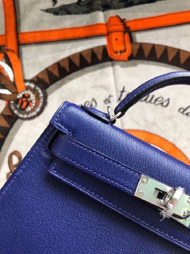 Hermes original chevre mini kelly 19 bag KG0019 blue electrique
