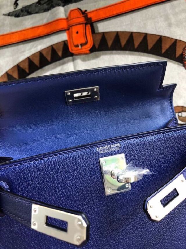 Hermes original chevre mini kelly 19 bag KG0019 blue electrique