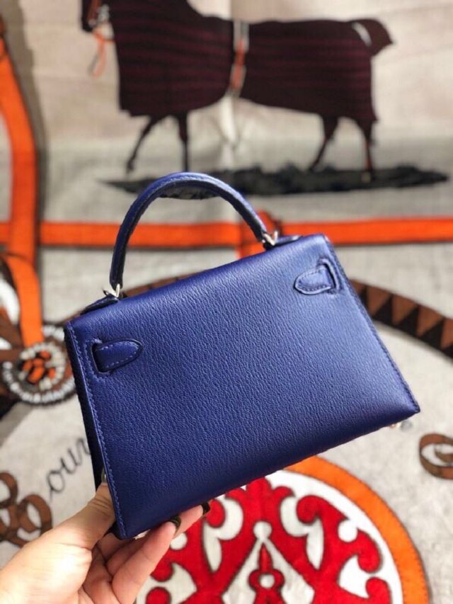 Hermes original chevre mini kelly 19 bag KG0019 blue electrique