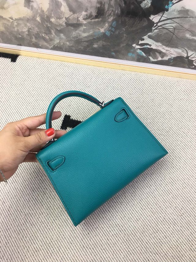 Hermes original chevre mini kelly 19 bag KG0019 blue paon