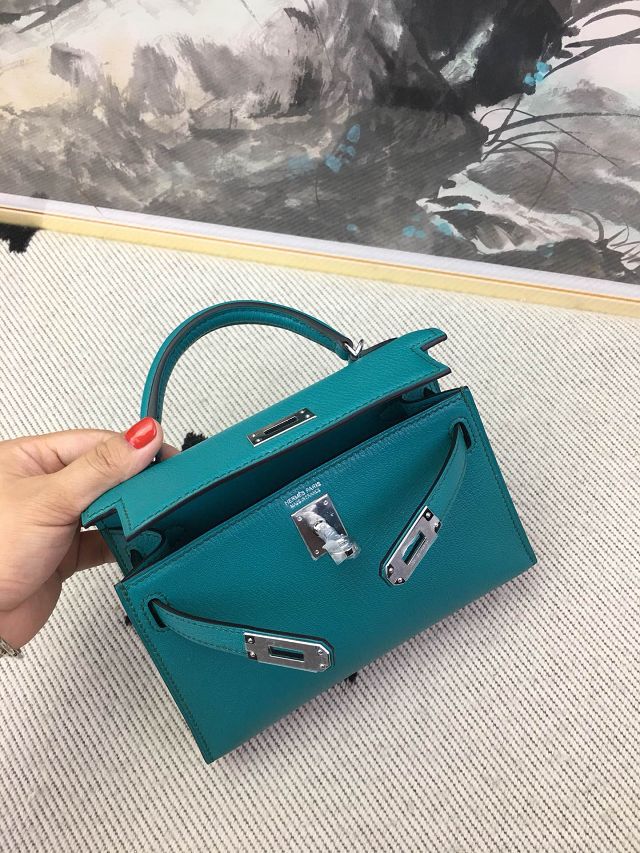 Hermes original chevre mini kelly 19 bag KG0019 blue paon