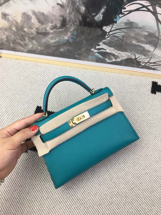 Hermes original chevre mini kelly 19 bag KG0019 blue paon