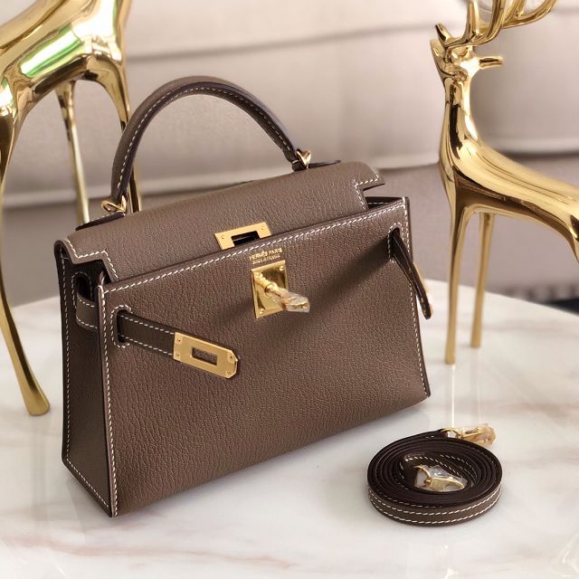 Hermes original chevre mini kelly 19 bag KG0019 grey etoupe