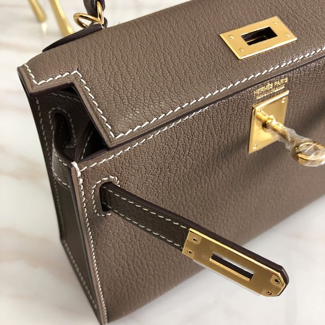 Hermes original chevre mini kelly 19 bag KG0019 grey etoupe