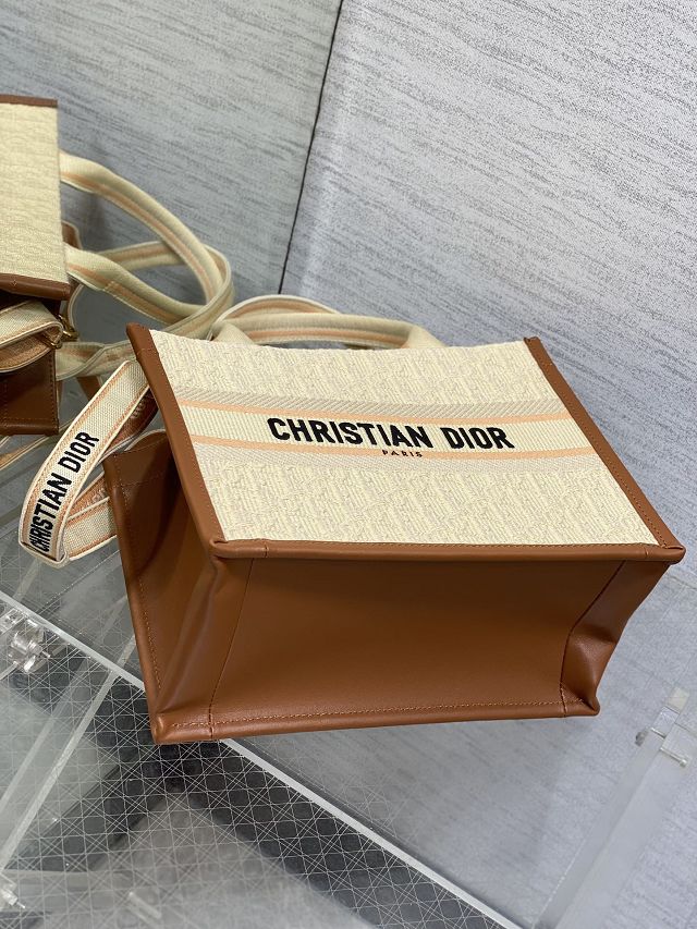 Dior original cotton&calfskin small book tote bag M1325 beige&brown