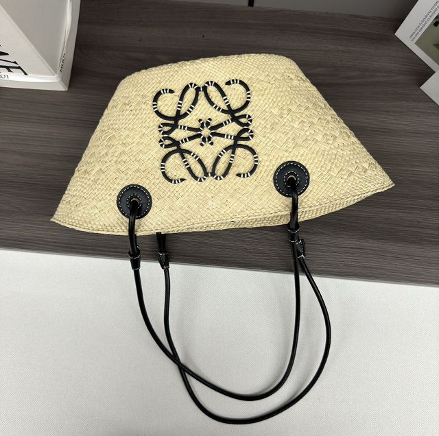 Loewe iraca palm&calfskin small anagram basket bag A223P65 black