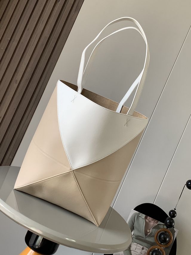 Loewe original calfskin medium puzzle fold tote A657G50 apricot&white
