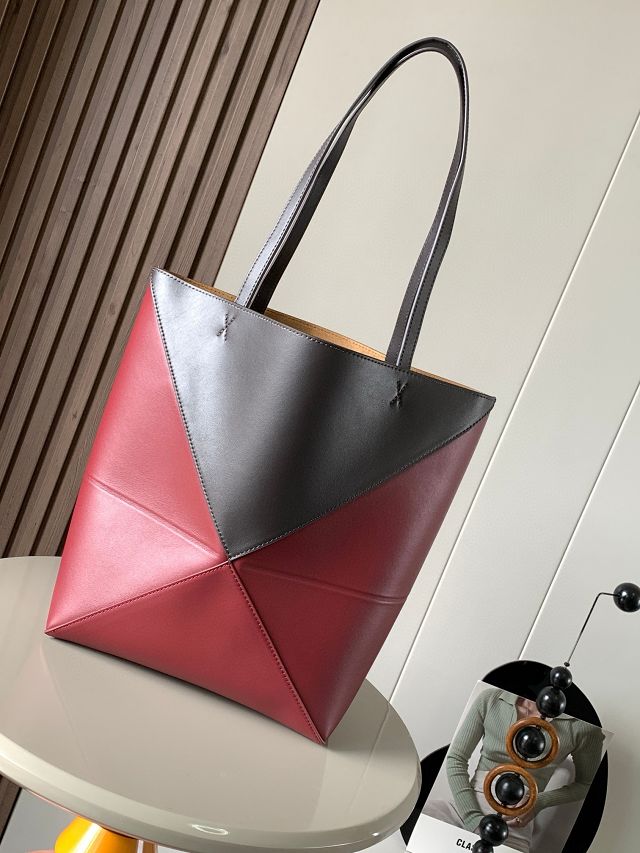 Loewe original calfskin medium puzzle fold tote A657G50 black&wine