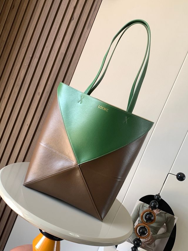 Loewe original calfskin medium puzzle fold tote A657G50 brown&green