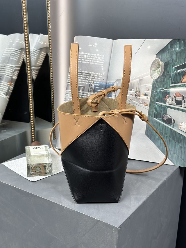 Loewe original calfskin mini puzzle fold tote A657V25 black&tan