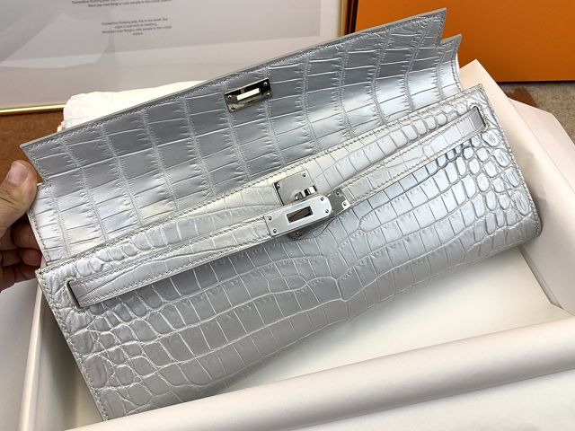 Hermes 100% genuine crocodile leather kelly cut 31 clutch C310 silver