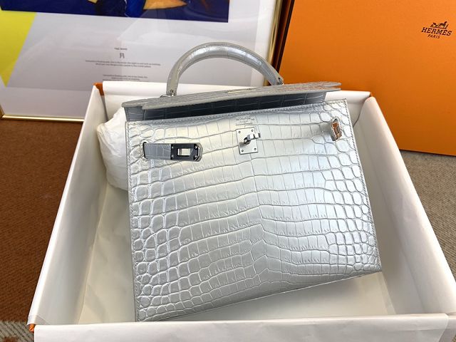 Hermes genuine crocodile leather kelly bag K320 silver