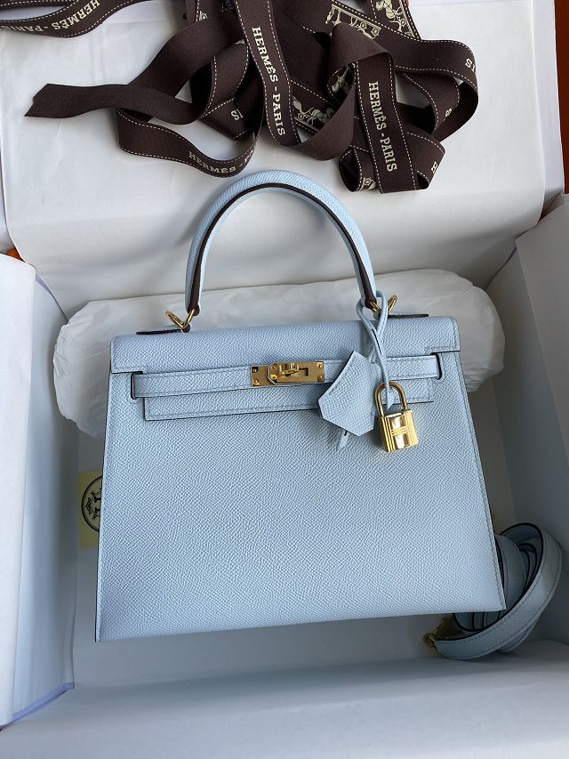 Hermes original epsom leather kelly 32 bag K32-1 azur