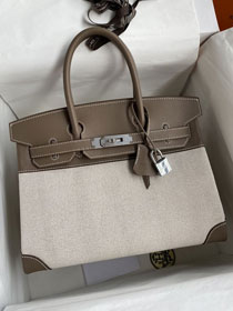 Hermes handmade original swift calfskin&canvas birkin bag BK00037 grey etoupe