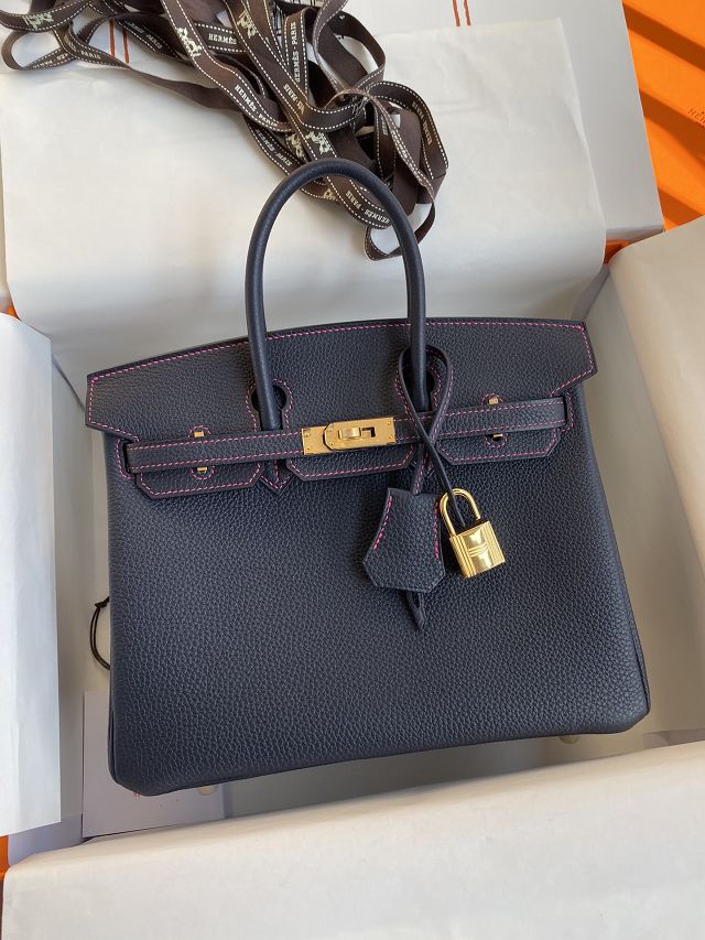 Hermes original togo leather birkin 35 bag H35-1 blue nuit&fuschia