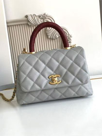 CC original grained calfskin mini coco handle bag AS2215 light grey&bordeaux