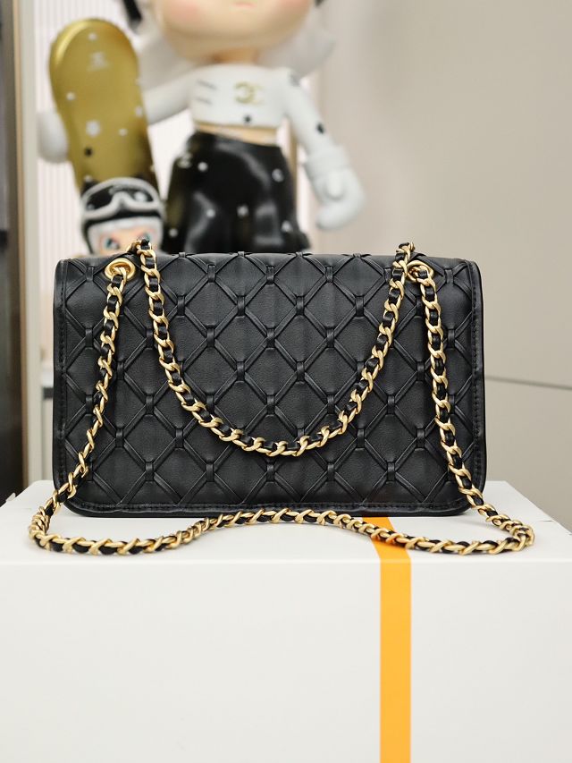 CC original braided calfskin medium flap bag AS4795 black