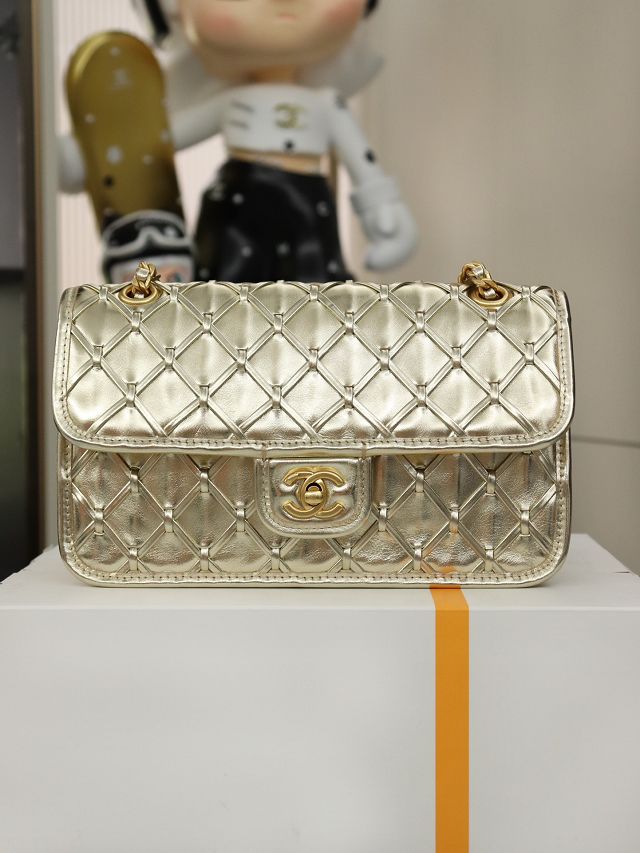 CC original braided calfskin medium flap bag AS4795 gold