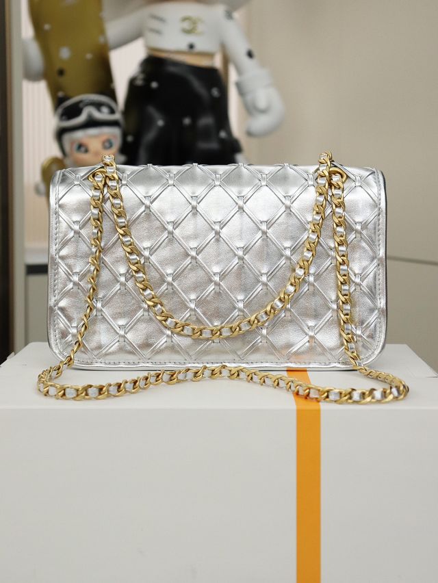 CC original braided calfskin medium flap bag AS4795 silver