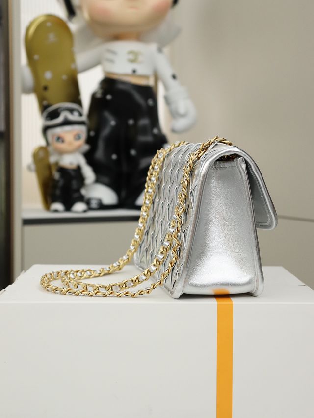 CC original braided calfskin medium flap bag AS4795 silver