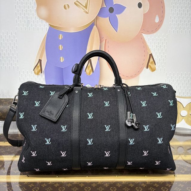Louis vuitton monogram denim keepall 50 M13966 black