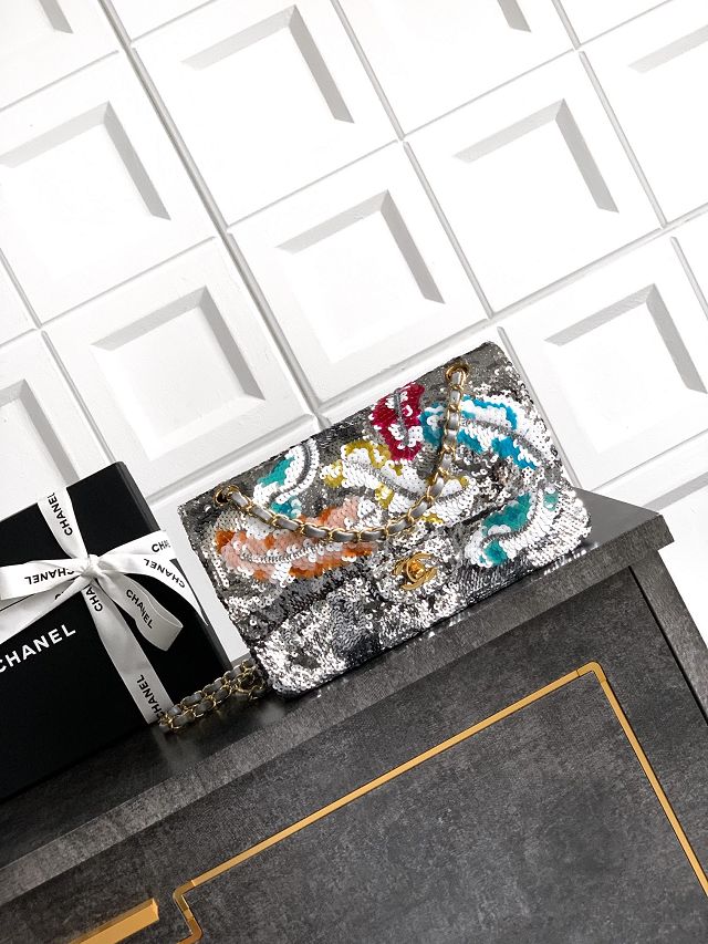 CC original sequins medium flap bag A01112 silver