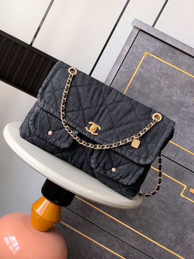 CC original denim large flap bag AS5011 black