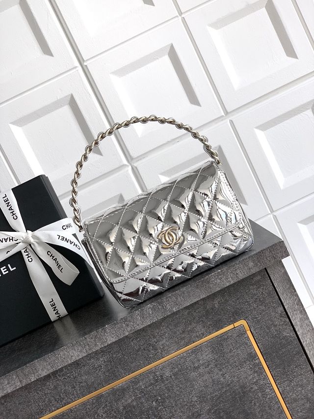 CC original patent calfskin top handle clutch AP3240 silver