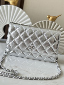 CC original iridescent lambskin wallet on chain AP0250 silver