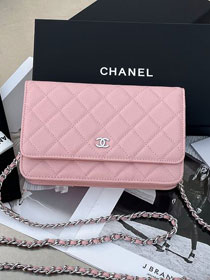 New CC original grained calfskin wallet on chain AP0250 light pink