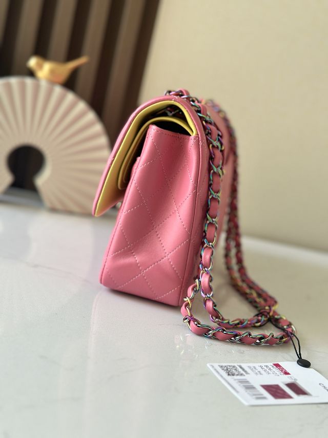 CC original iridescent lambskin medium flap bag A01112 pink&yellow