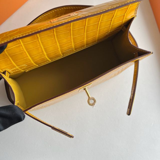 Hermes handmade genuine crocodile leather mini kelly 22 clutch K220 amber