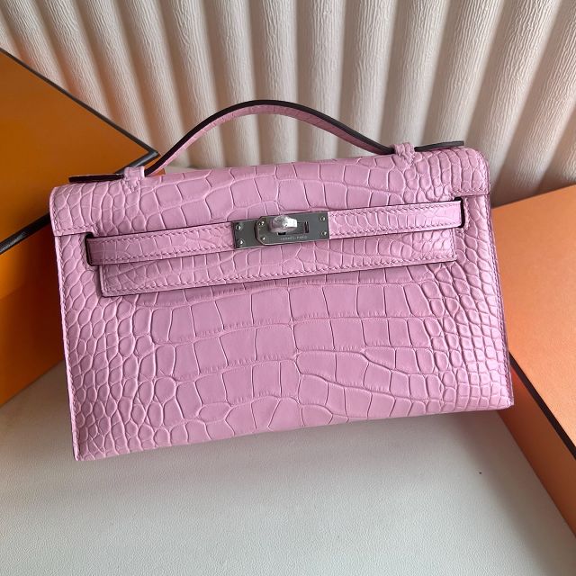 Hermes handmade genuine crocodile leather mini kelly 22 clutch K220 pink