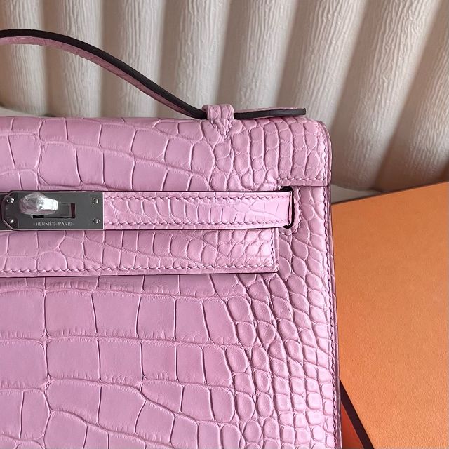 Hermes handmade genuine crocodile leather mini kelly 22 clutch K220 pink