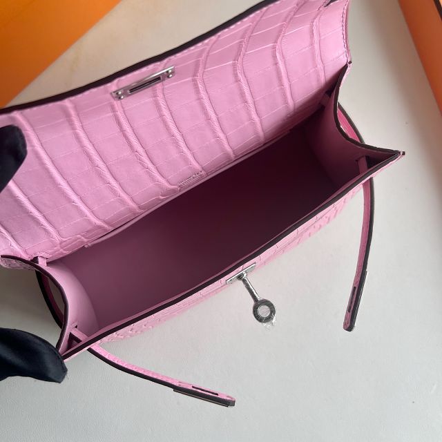 Hermes handmade genuine crocodile leather mini kelly 22 clutch K220 pink