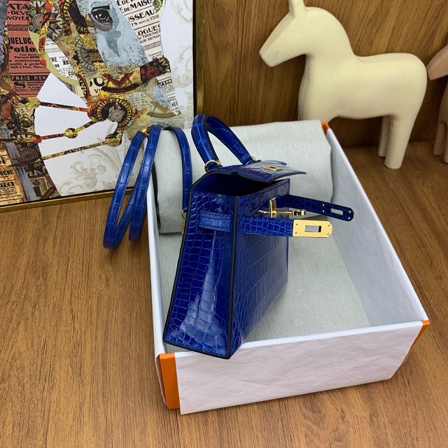 Hermes handmade genuine crocodile leather mini kelly bag K0019 blue zellige