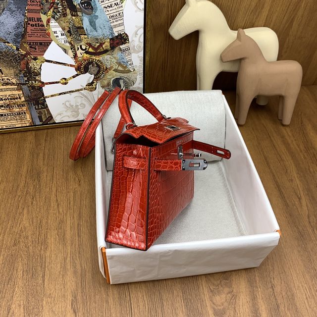 Hermes handmade genuine crocodile leather mini kelly bag K0019 braise