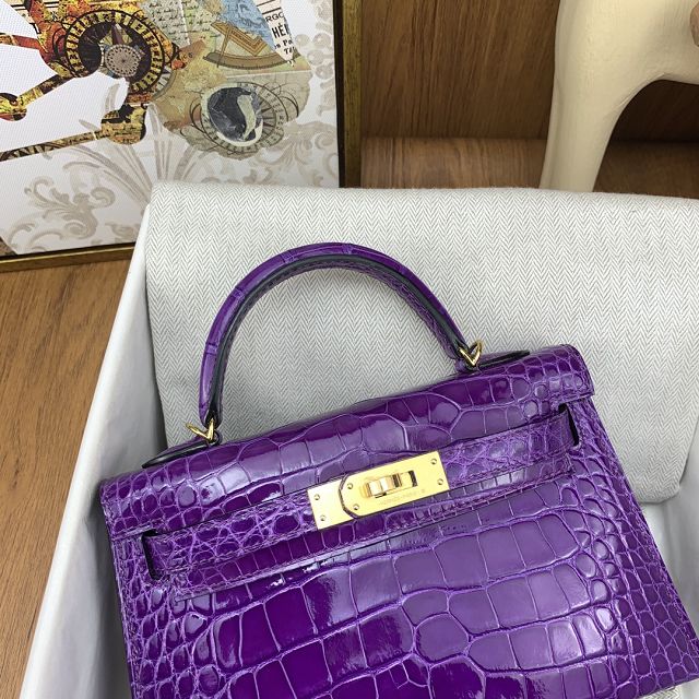 Hermes handmade genuine crocodile leather mini kelly bag K0019 crocus