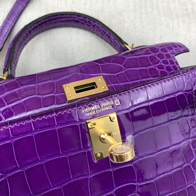 Hermes handmade genuine crocodile leather mini kelly bag K0019 crocus