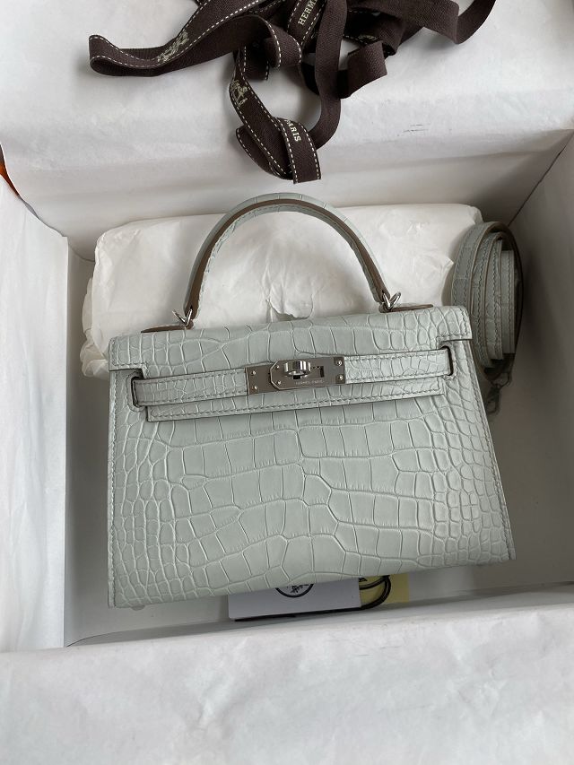 Hermes handmade genuine crocodile leather mini kelly bag K0019 gris ciment