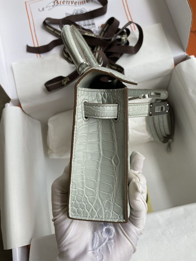 Hermes handmade genuine crocodile leather mini kelly bag K0019 gris ciment