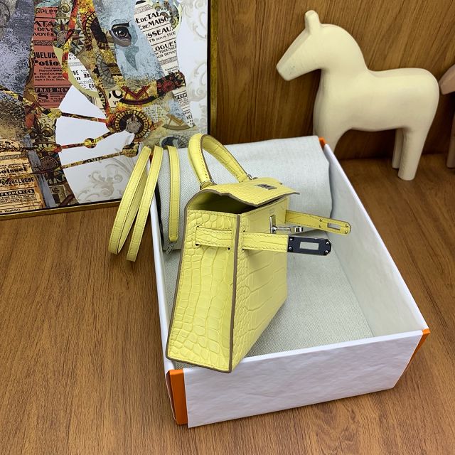 Hermes handmade genuine crocodile leather mini kelly bag K0019 jaune poussin