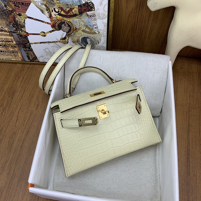 Hermes handmade genuine crocodile leather mini kelly bag K0019 vanille