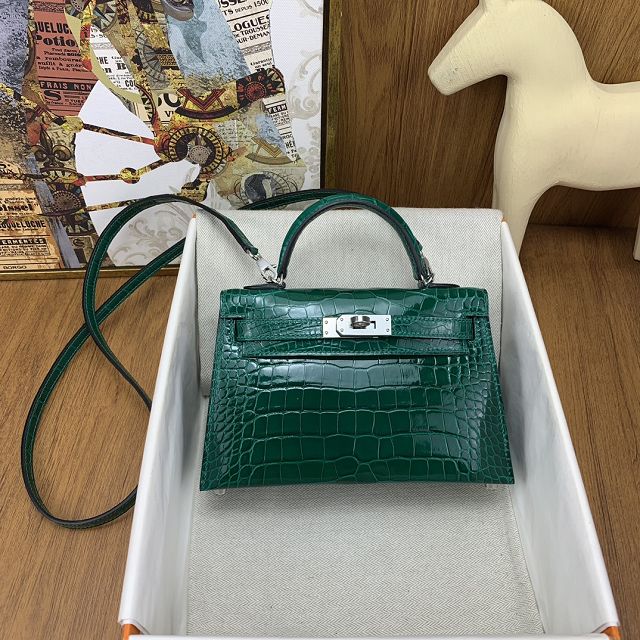 Hermes handmade genuine crocodile leather mini kelly bag K0019 vert emeraude