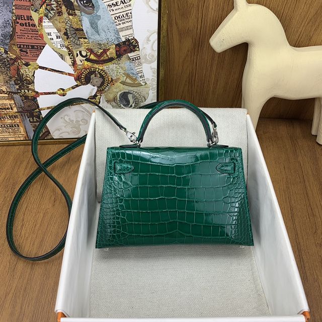 Hermes handmade genuine crocodile leather mini kelly bag K0019 vert emeraude